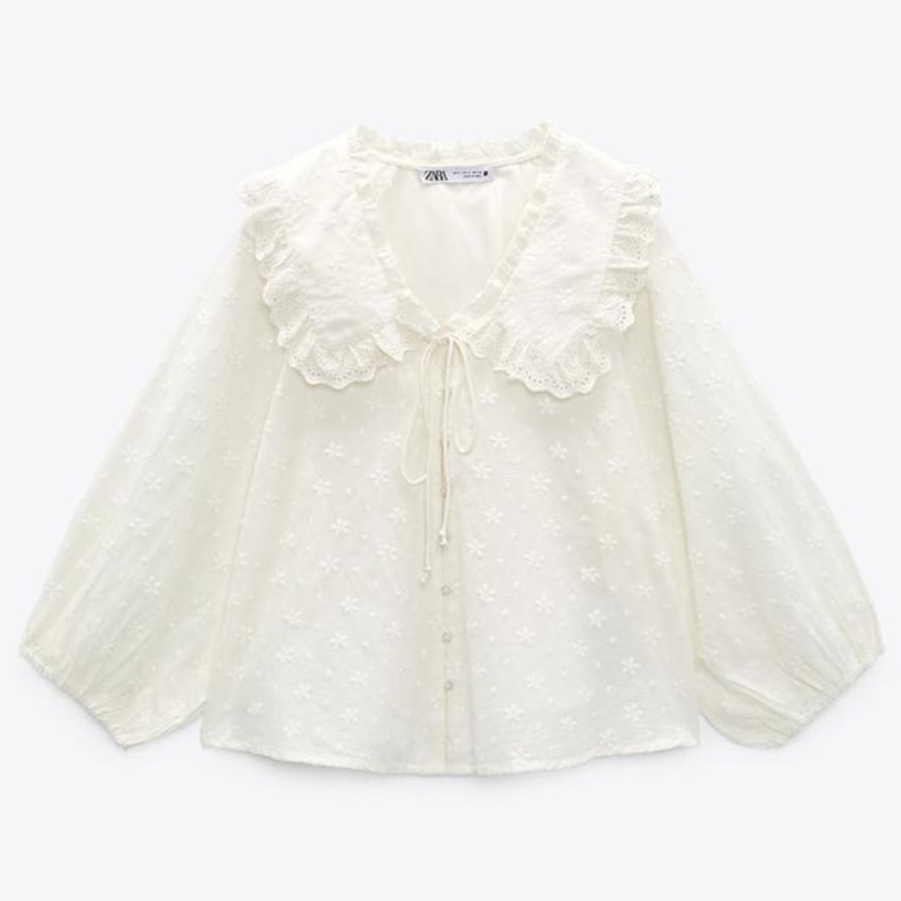Zara embroided Peter Pan Blouse in Size-XL, Color-White. Very good Condition.